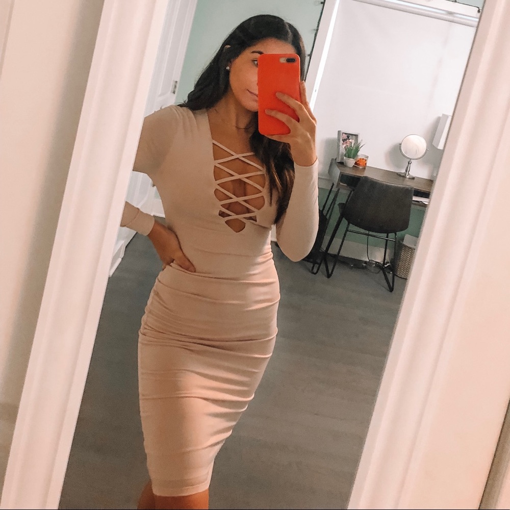 Criss Cross Midi Beige Dress
